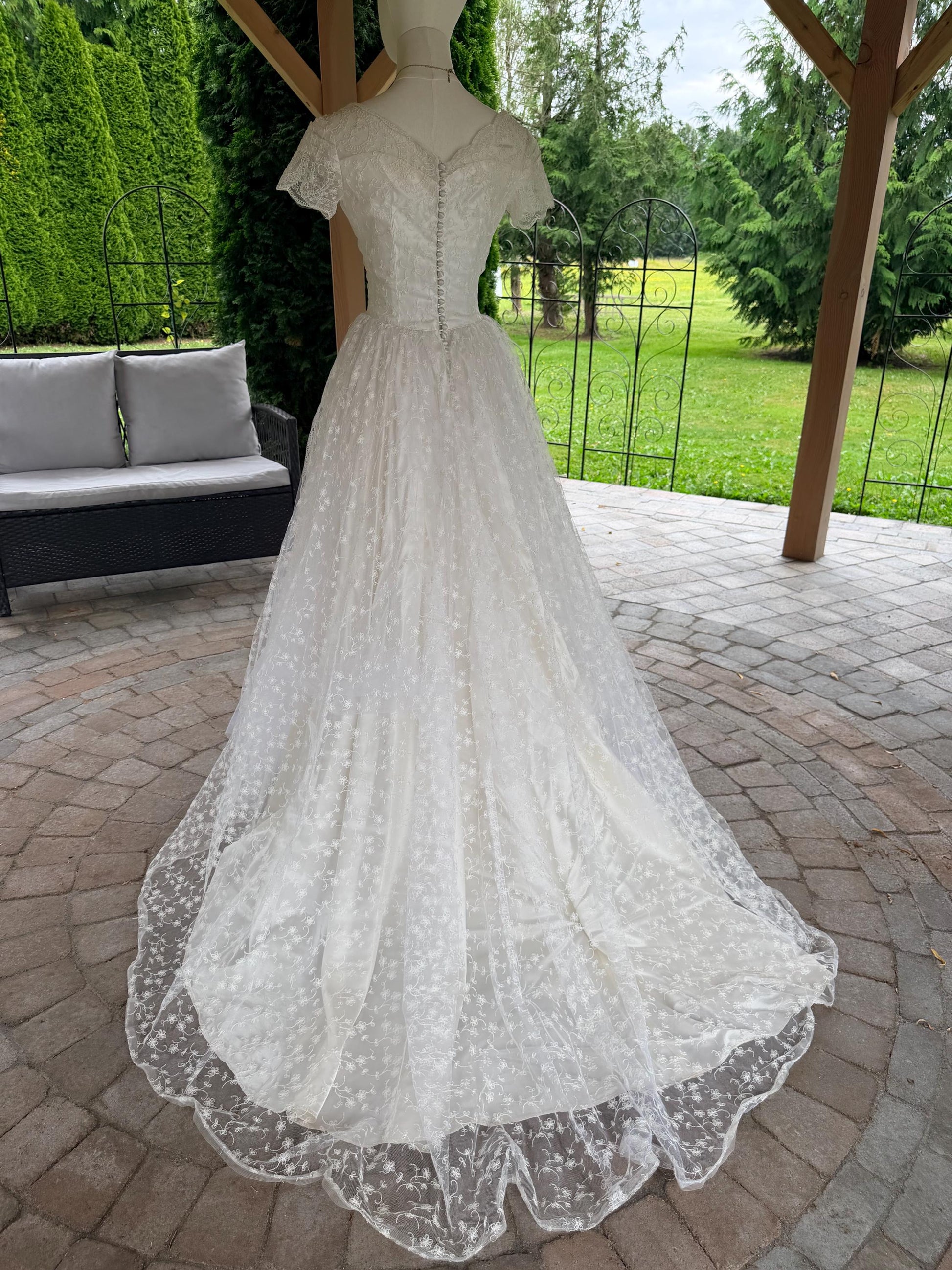 Vintage 1990s Lace Wedding Dress | Romantic Princess Bridal Gown | Basque Waist | Illusion Lace Sleeves | Chapel Train