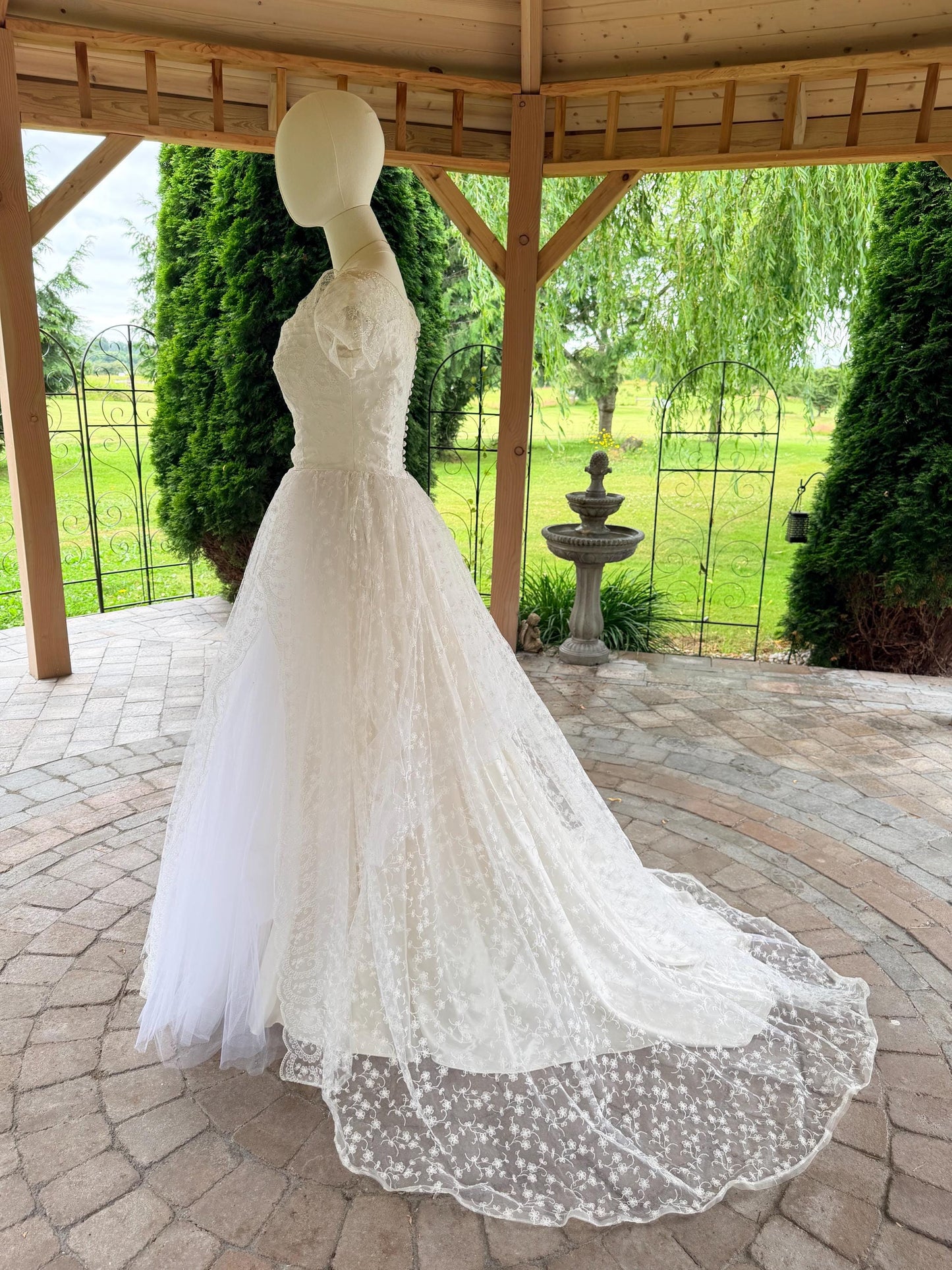 Vintage 1990s Lace Wedding Dress | Romantic Princess Bridal Gown | Basque Waist | Illusion Lace Sleeves | Chapel Train