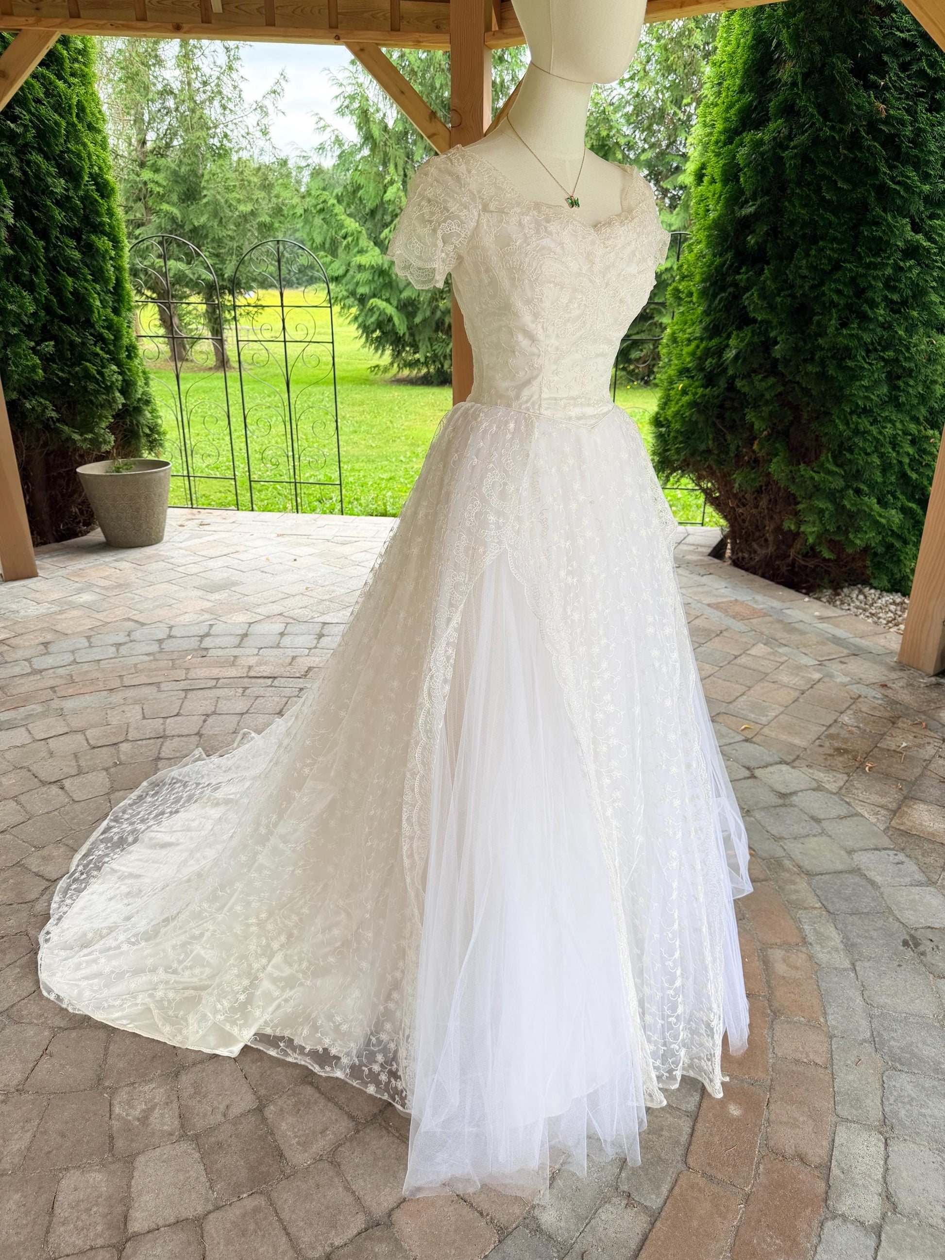 Vintage 1990s Lace Wedding Dress | Romantic Princess Bridal Gown | Basque Waist | Illusion Lace Sleeves | Chapel Train