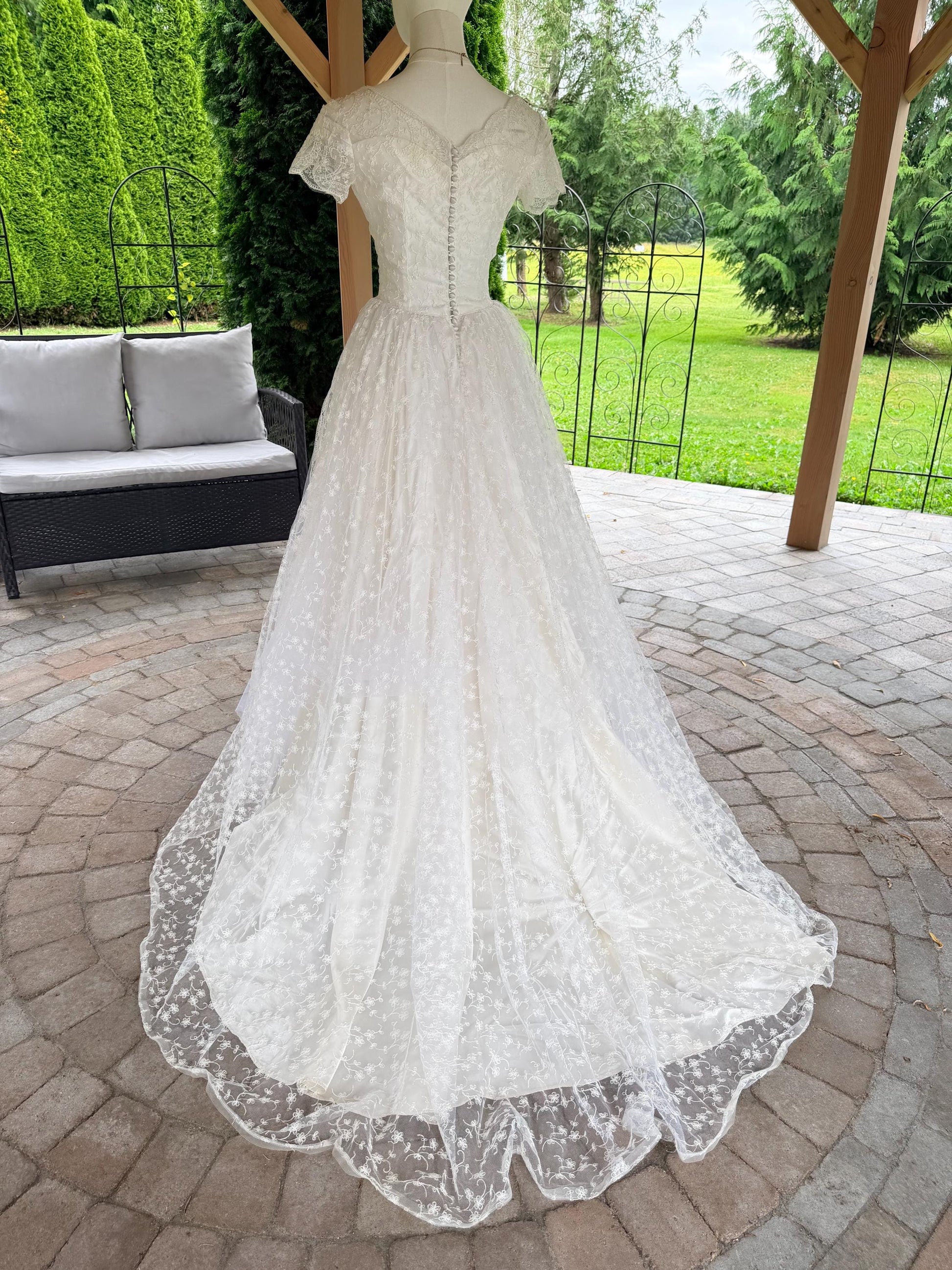 Vintage 1990s Lace Wedding Dress | Romantic Princess Bridal Gown | Basque Waist | Illusion Lace Sleeves | Chapel Train