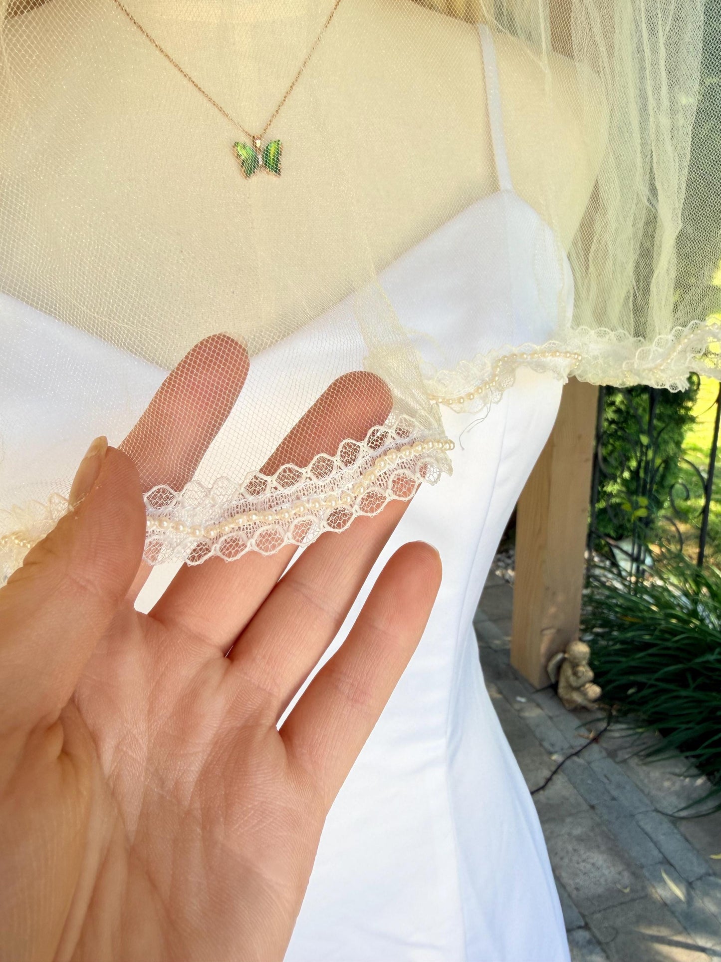 Vintage Veil with Beaded Tiara and Faux Flowers and Pearls