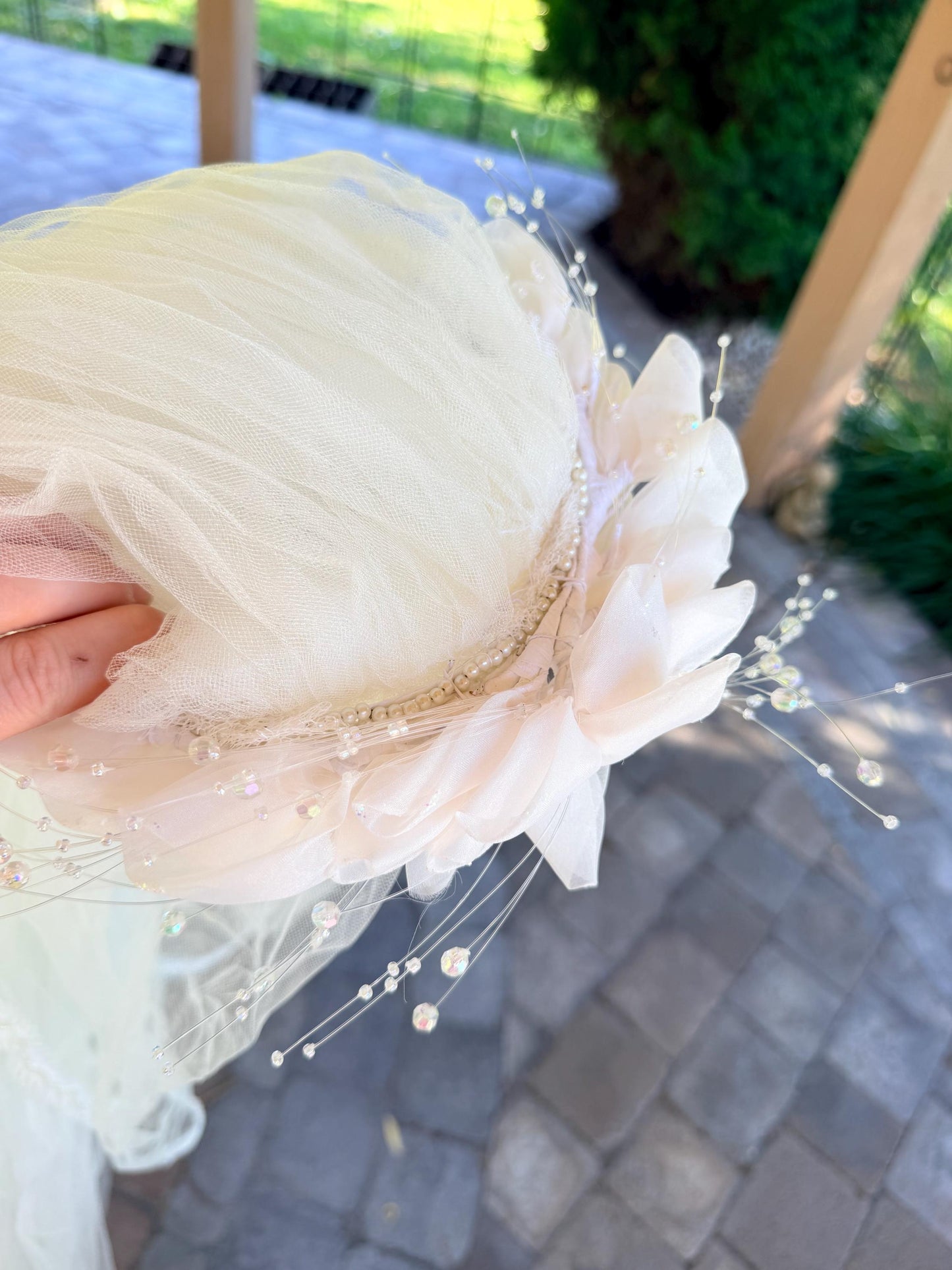 Vintage Veil with Beaded Tiara and Faux Flowers and Pearls