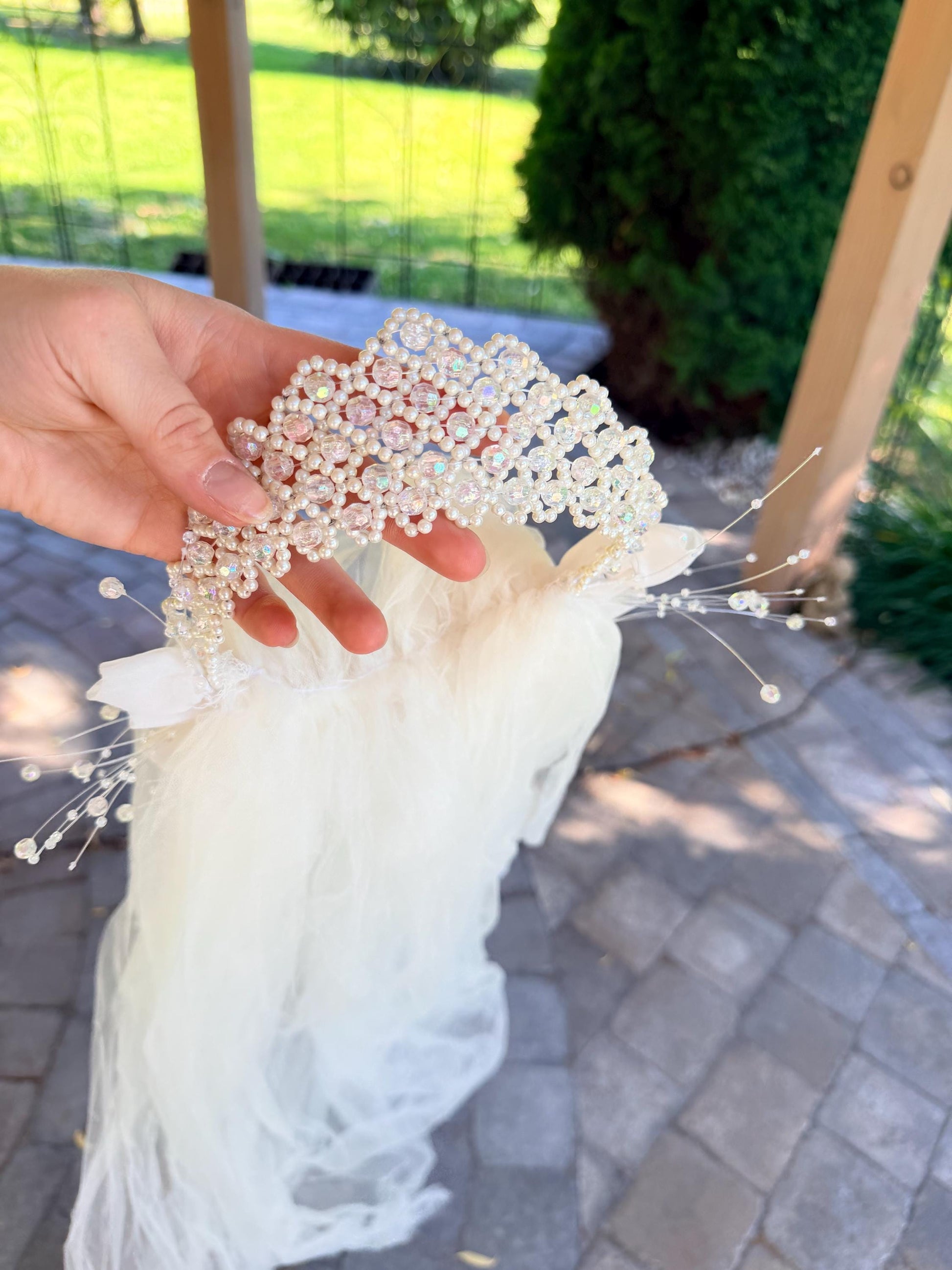 Vintage Veil with Beaded Tiara and Faux Flowers and Pearls