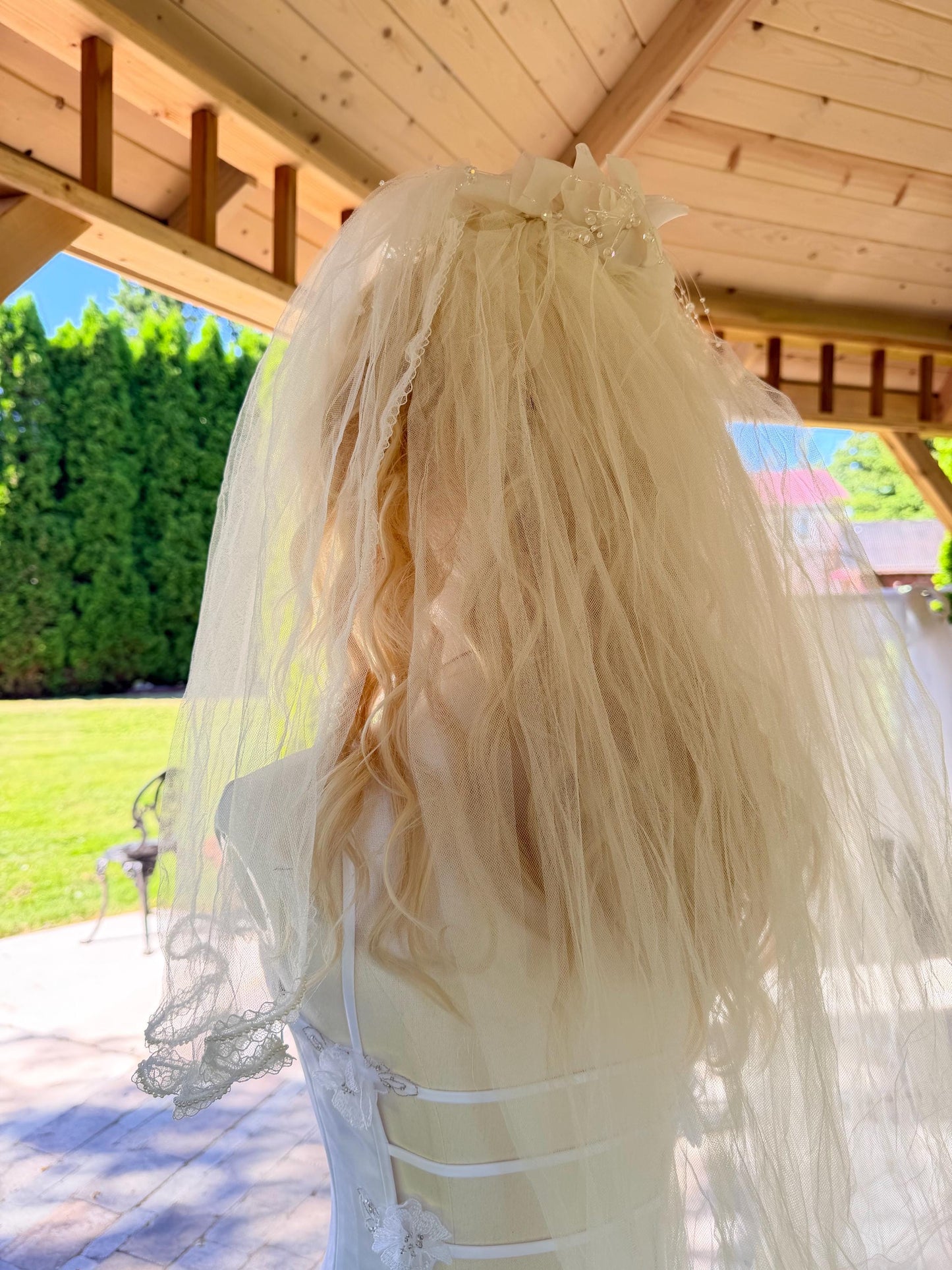 Vintage Veil with Beaded Tiara and Faux Flowers and Pearls