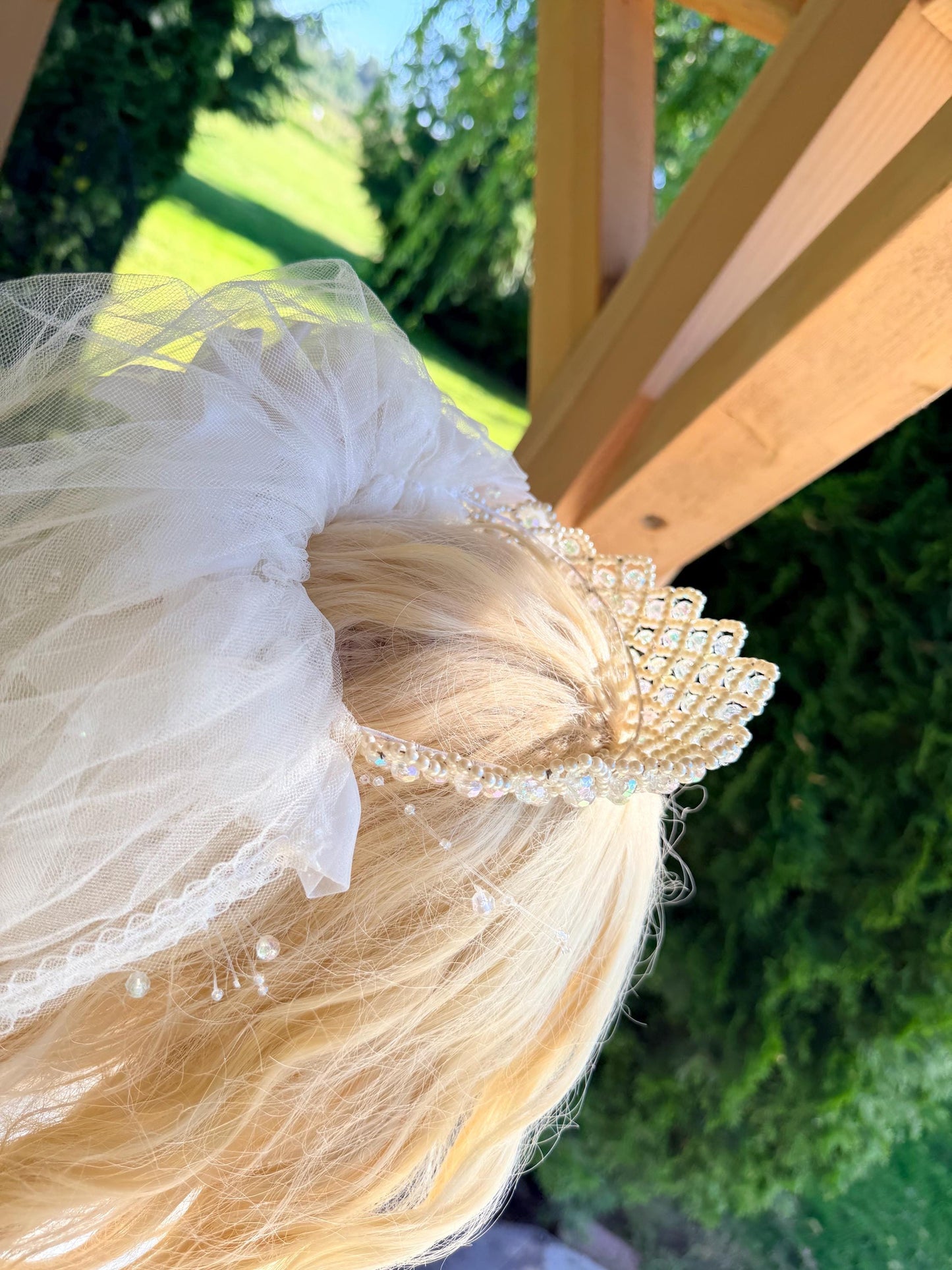 Vintage Veil with Beaded Tiara and Faux Flowers and Pearls