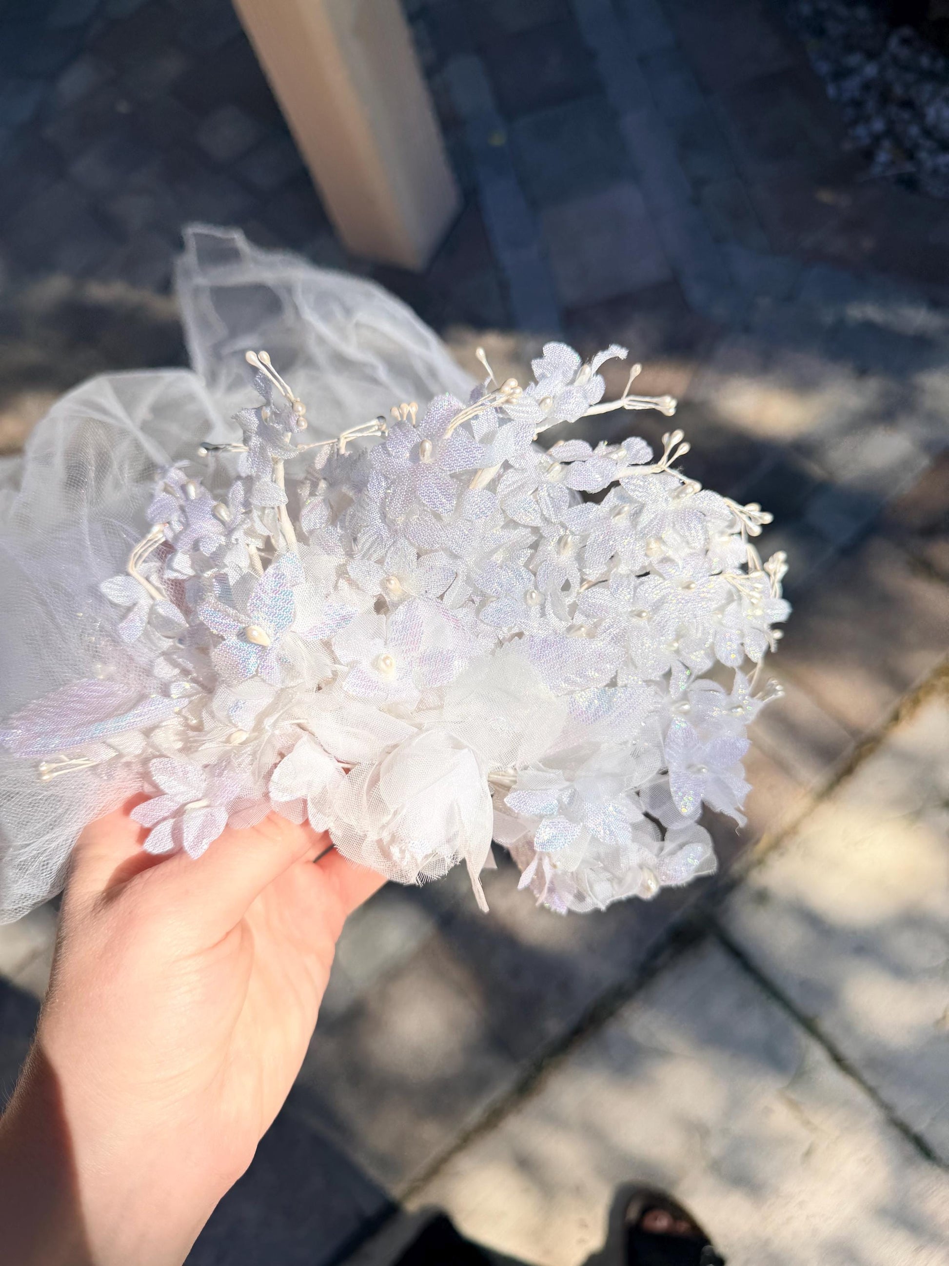 Glittered Flower Crown & Veil With Pearled Layered Veil