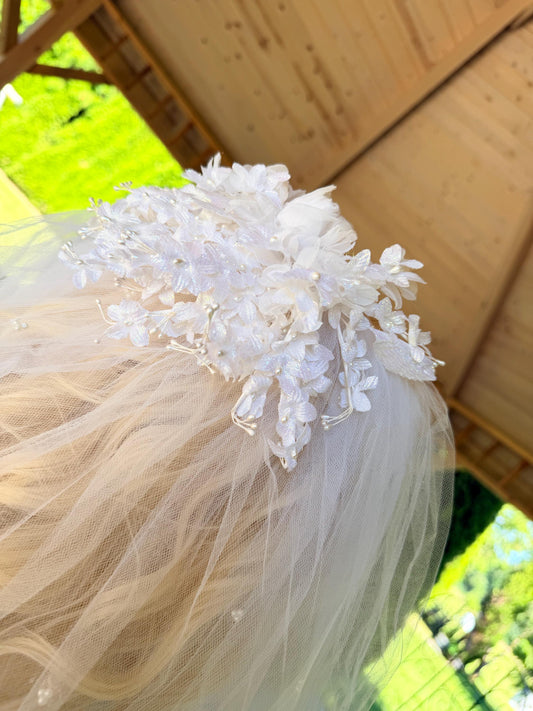 Glittered Flower Crown & Veil With Pearled Layered Veil