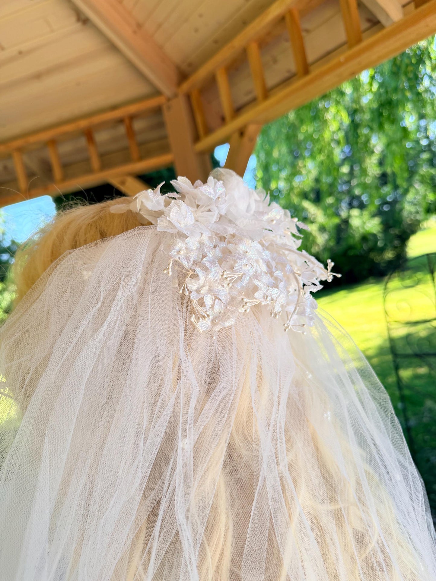Glittered Flower Crown & Veil With Pearled Layered Veil