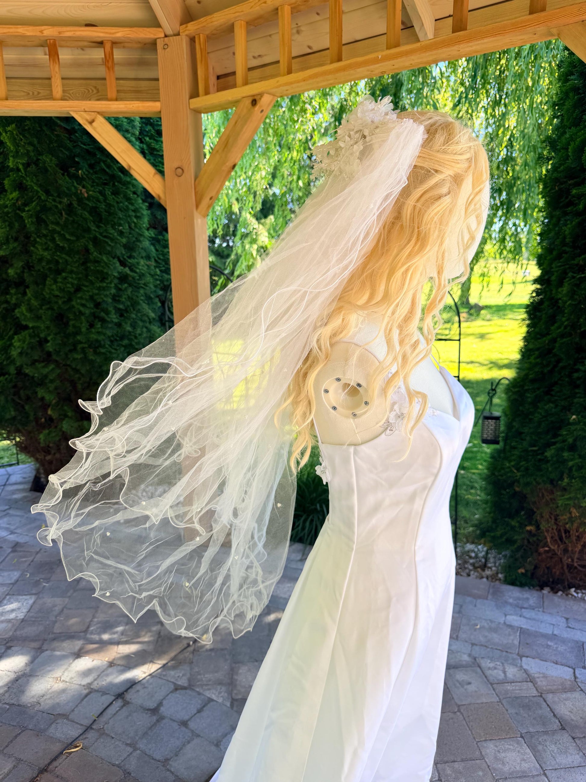 Glittered Flower Crown & Veil With Pearled Layered Veil
