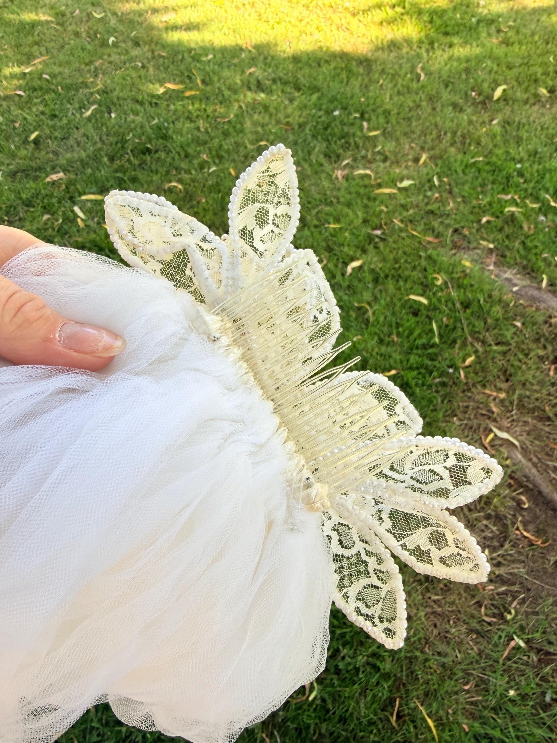 Flower with Lace Petals and Pearls, Layered Veil