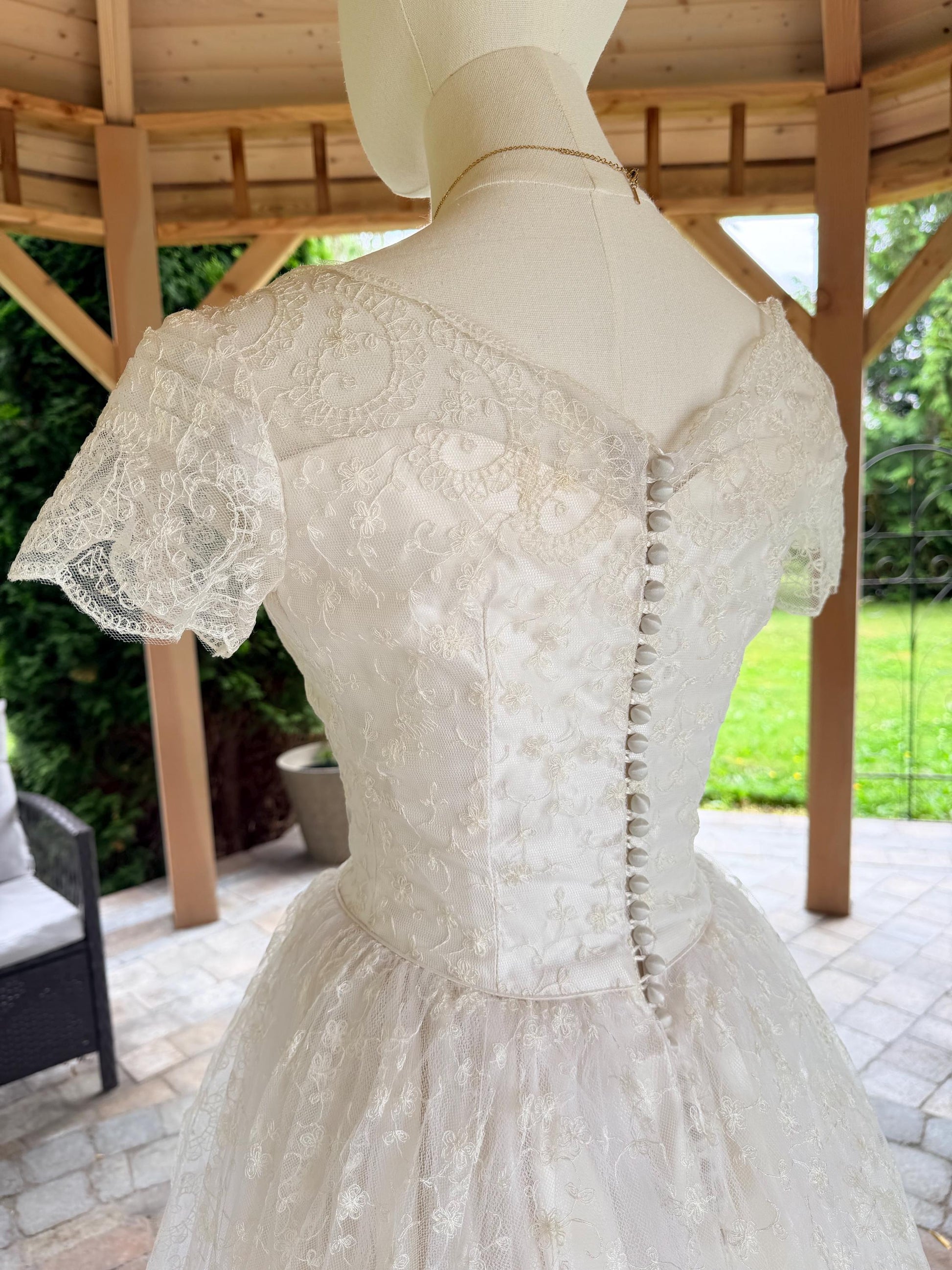 Vintage 1990s Lace Wedding Dress | Romantic Princess Bridal Gown | Basque Waist | Illusion Lace Sleeves | Chapel Train