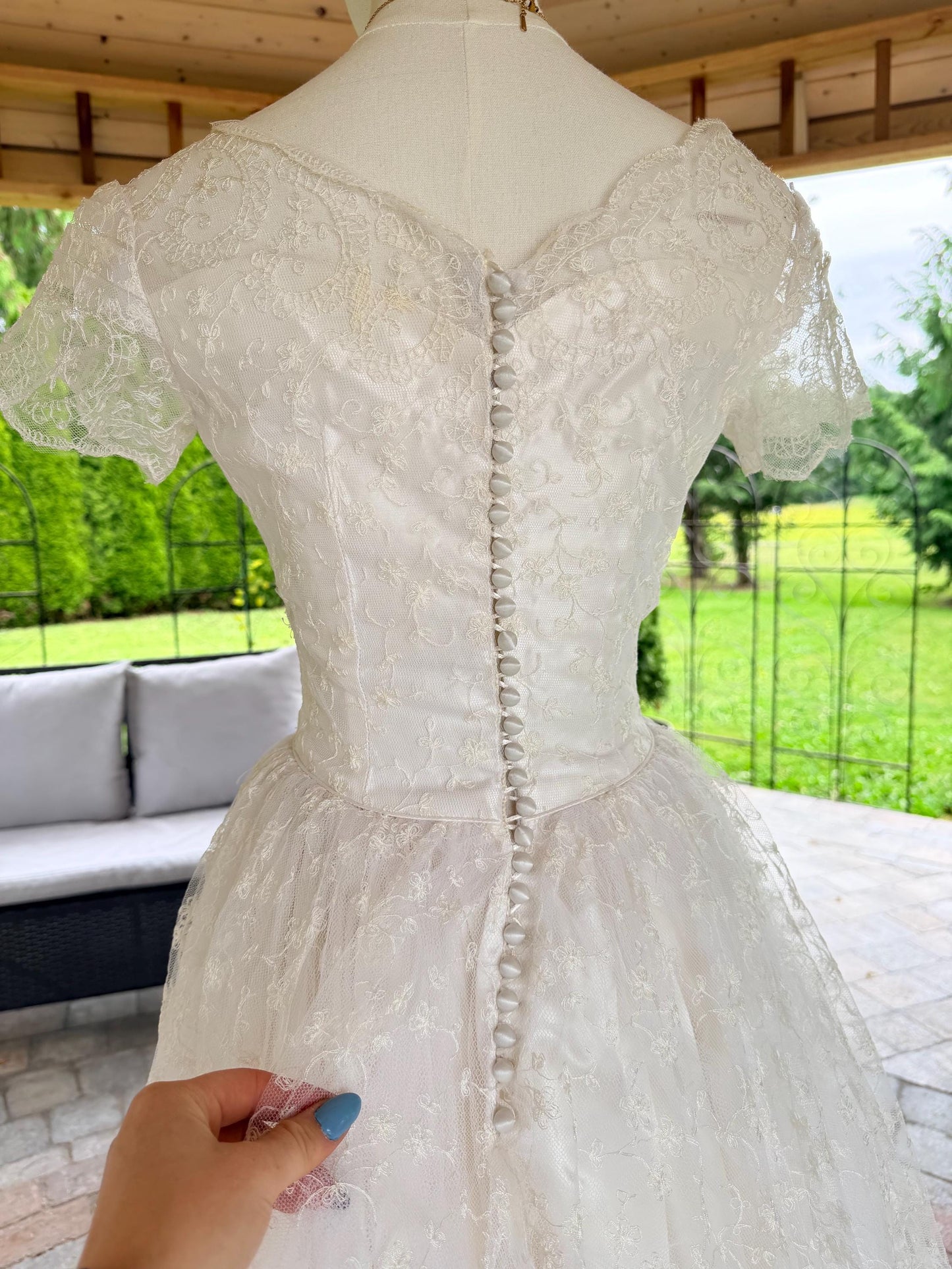 Vintage 1990s Lace Wedding Dress | Romantic Princess Bridal Gown | Basque Waist | Illusion Lace Sleeves | Chapel Train