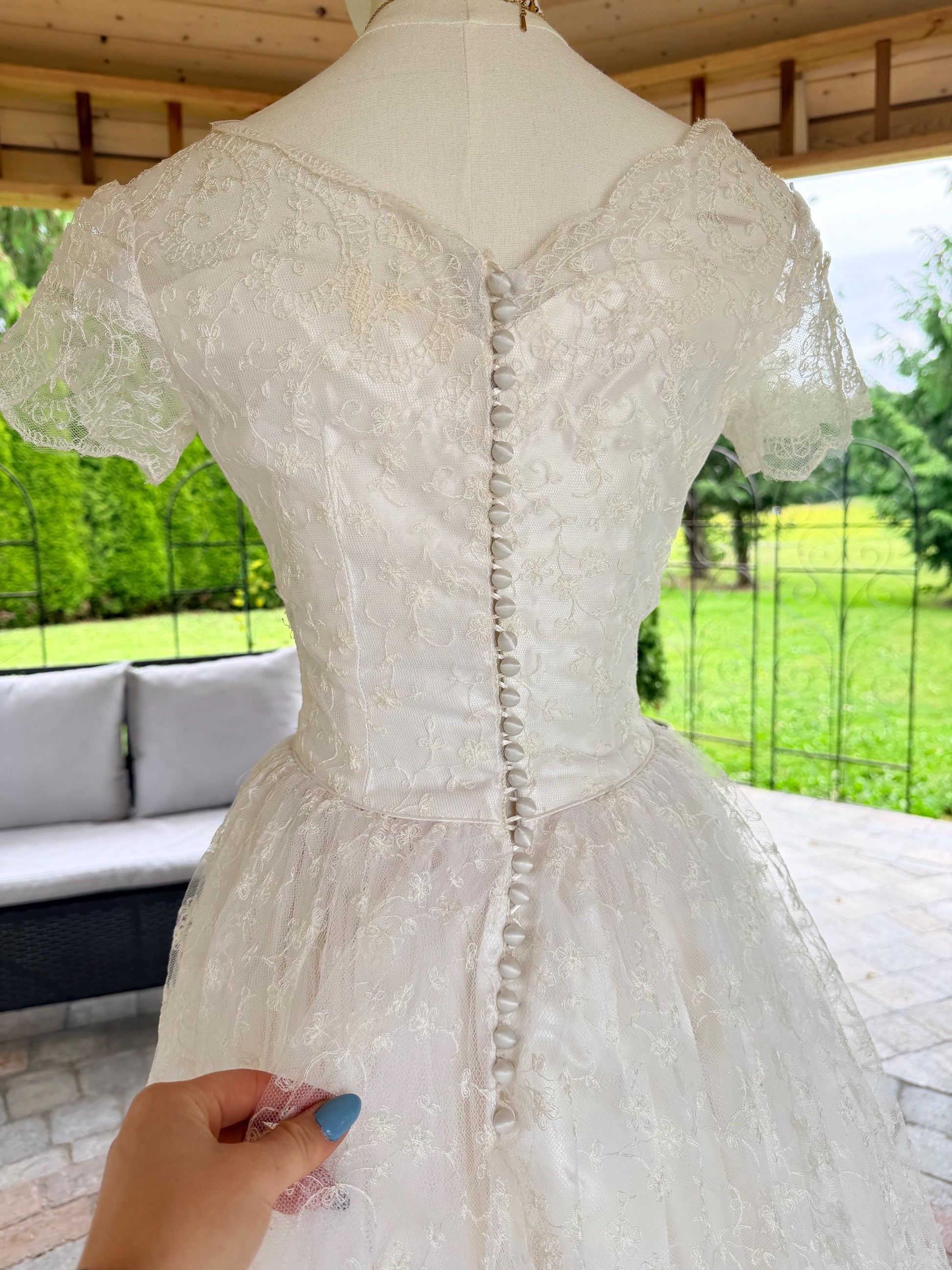 Vintage 1990s Lace Wedding Dress | Romantic Princess Bridal Gown | Basque Waist | Illusion Lace Sleeves | Chapel Train
