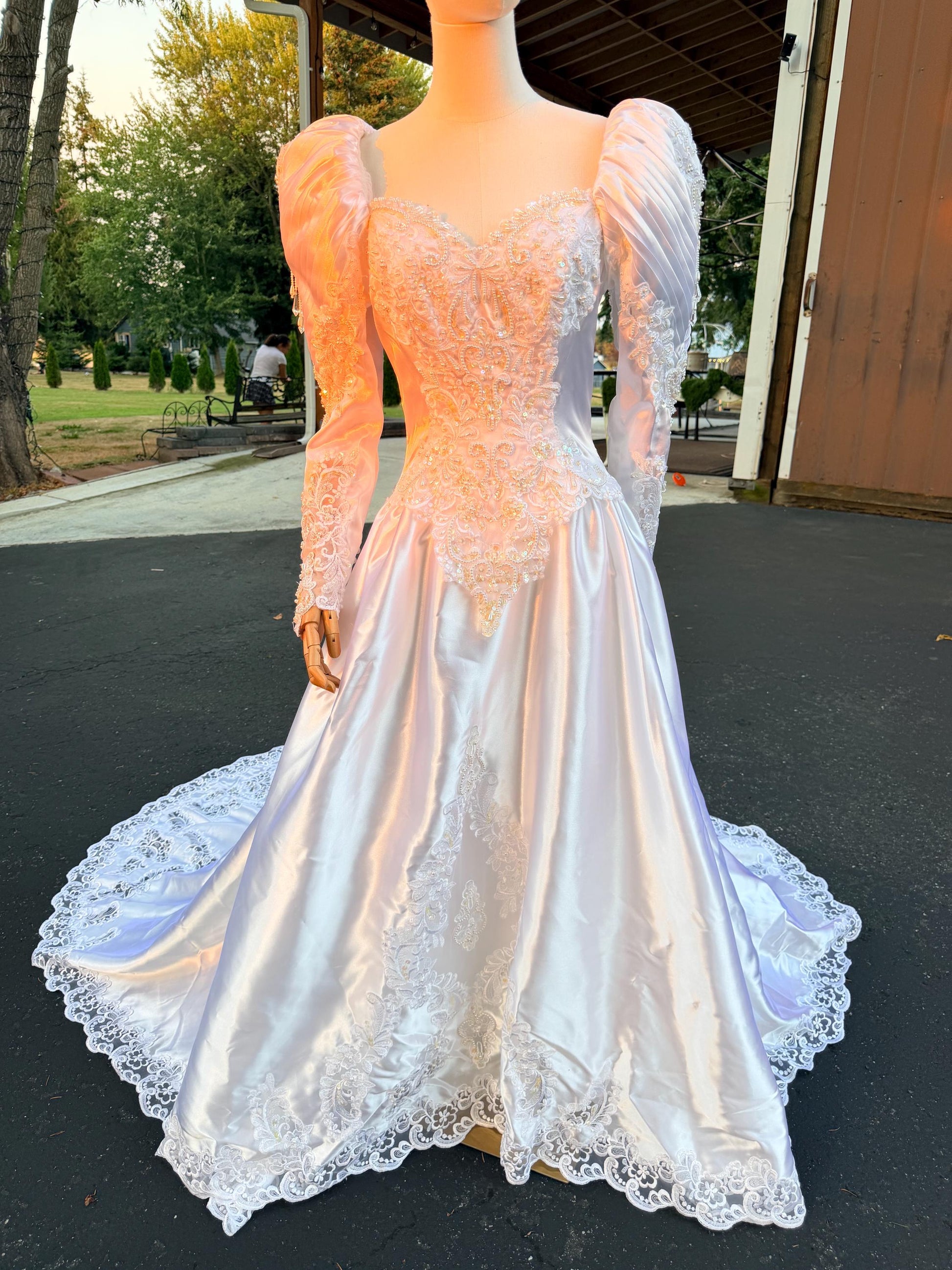 Puff Sleeve Bridal Gown with Beaded Lace Satin Princess Wedding Dress