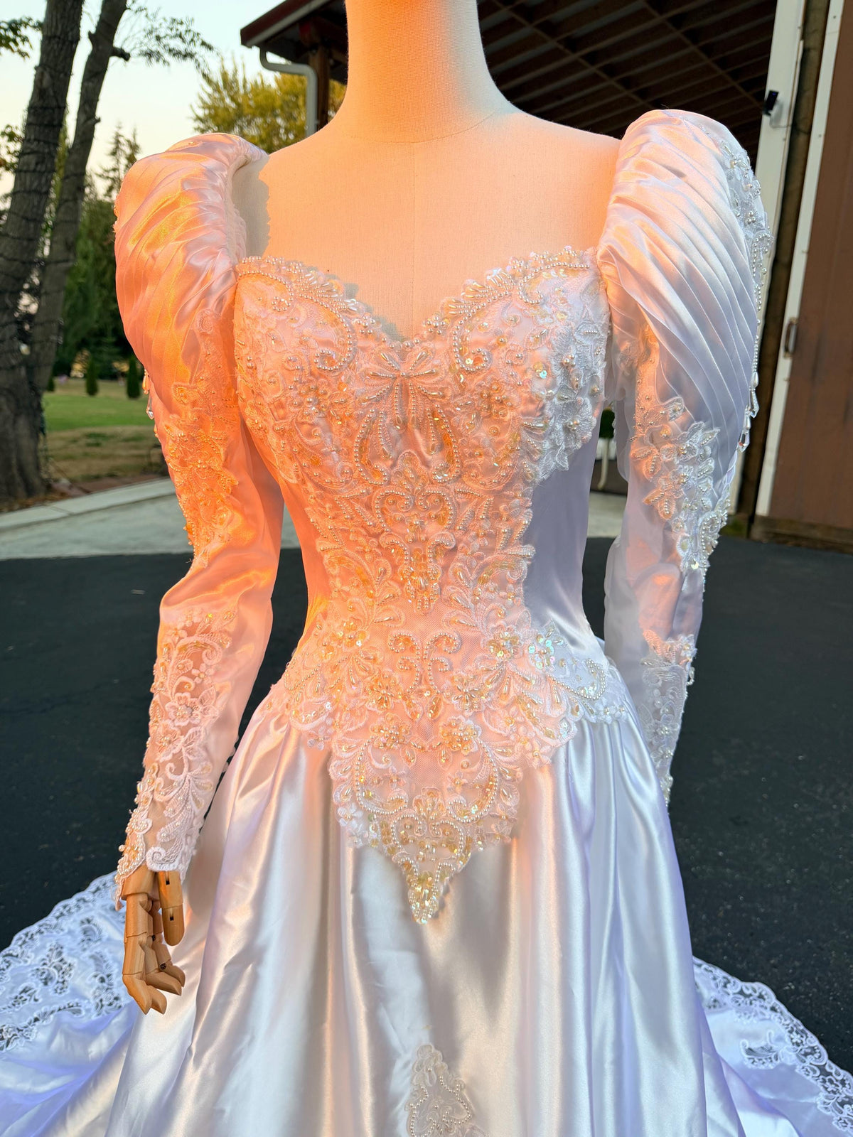 Puff Sleeve Bridal Gown with Beaded Lace Satin Princess Wedding Dress