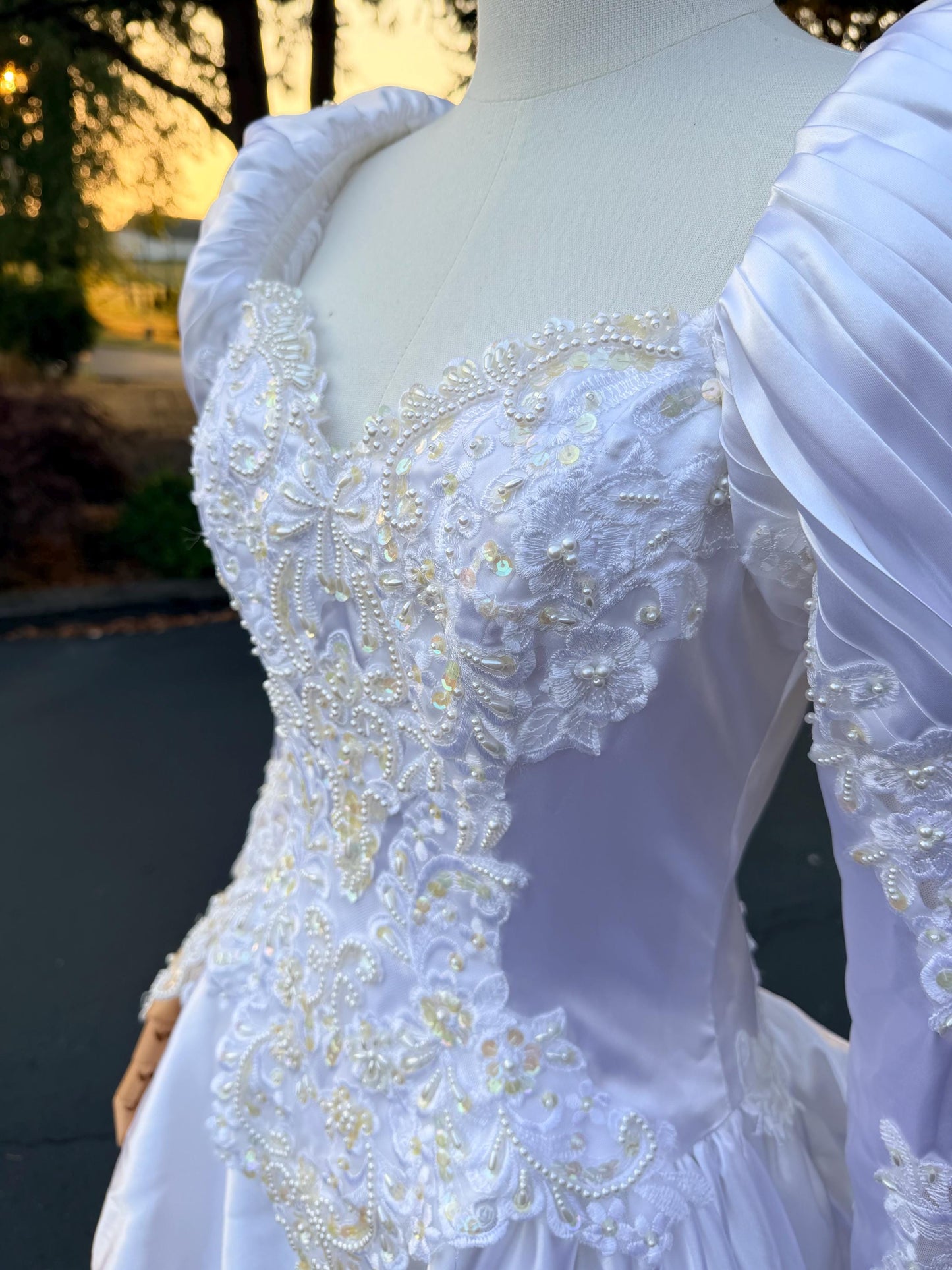 Puff Sleeve Bridal Gown with Beaded Lace Satin Princess Wedding Dress