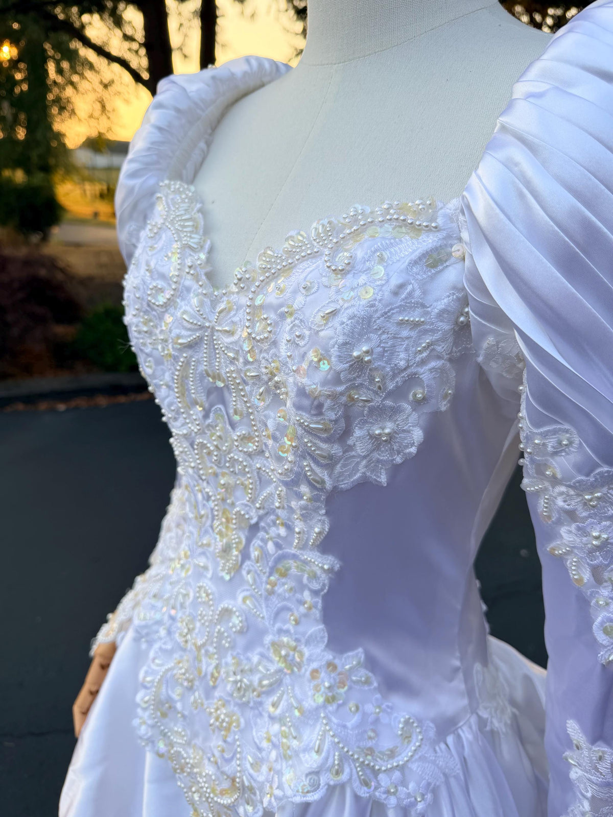 Puff Sleeve Bridal Gown with Beaded Lace Satin Princess Wedding Dress