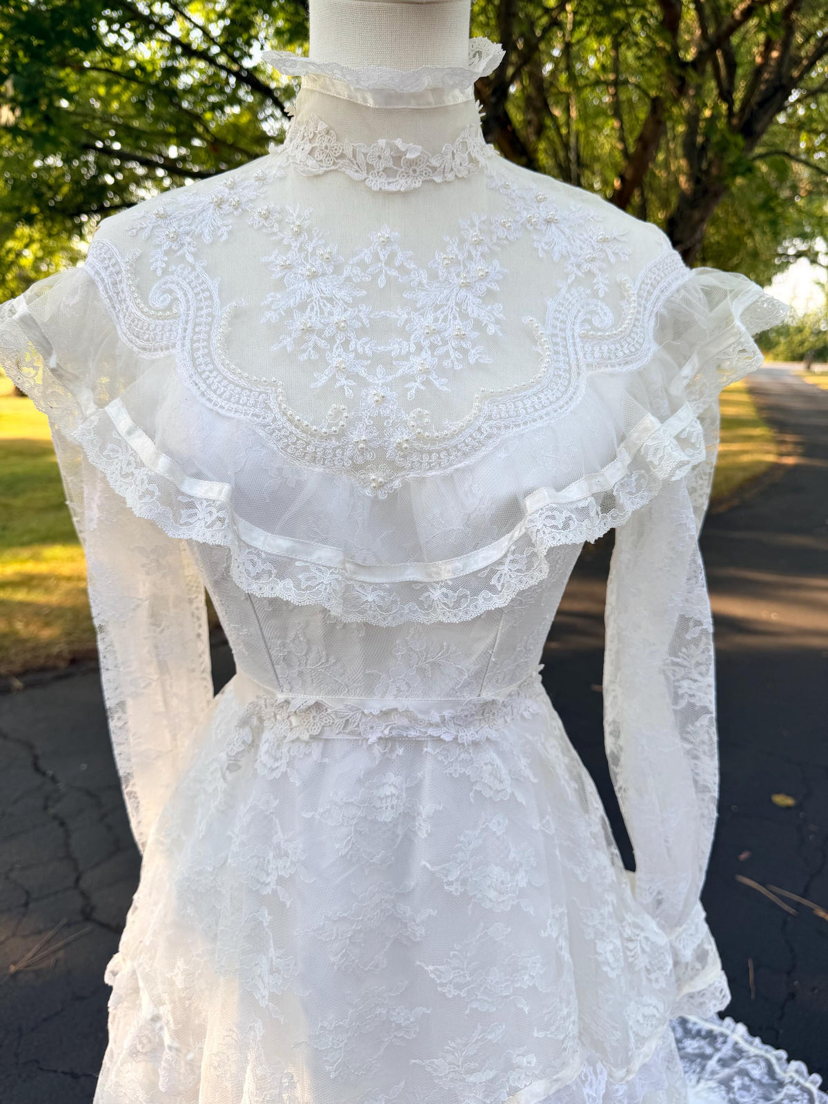 Victorian Edwardian Bridal Gown | High Neck Long Sleeve Wedding Dress | Tiered Lace Prairie Bride Vintage Lace Wedding Dress