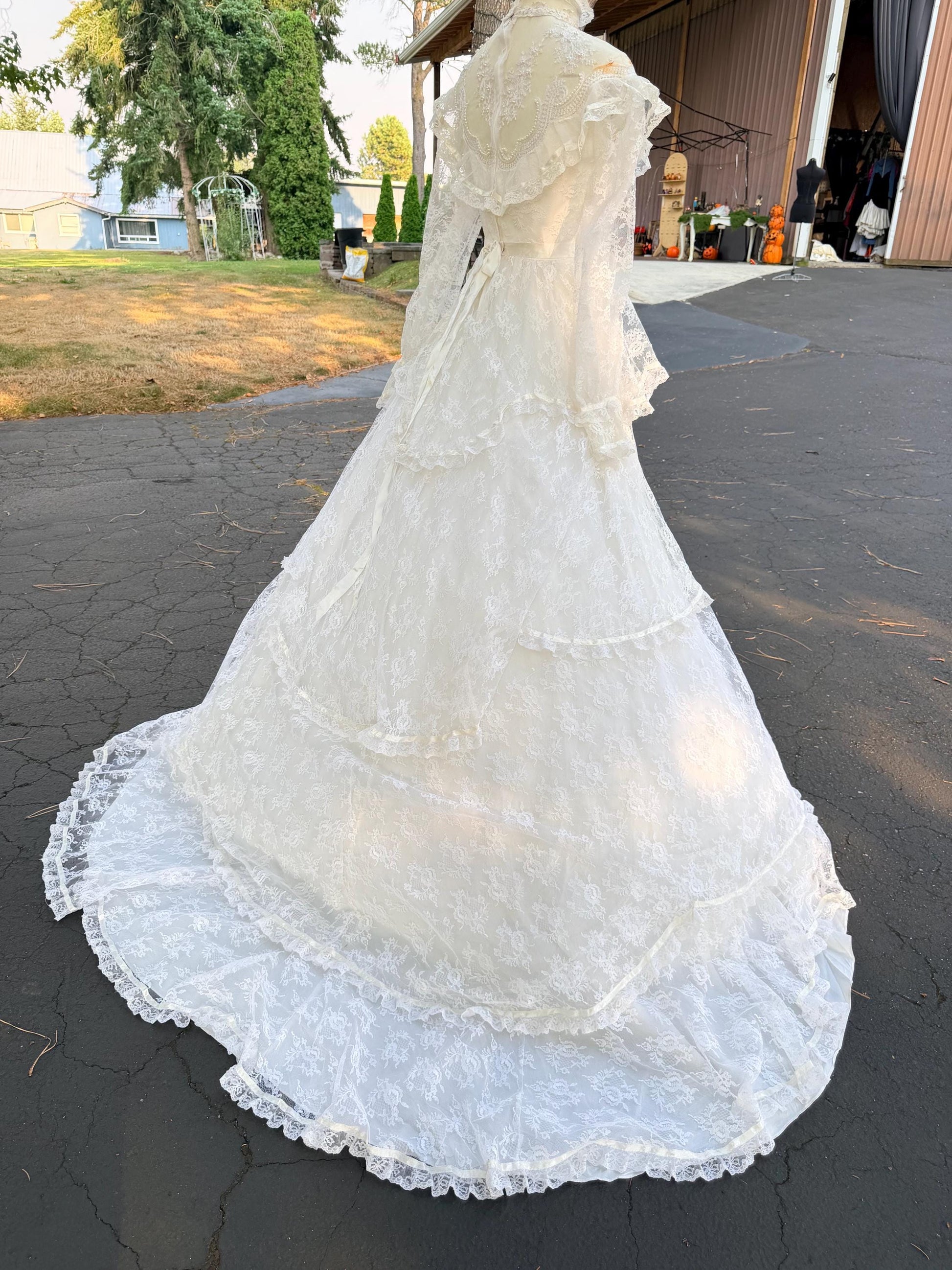 Victorian Edwardian Bridal Gown | High Neck Long Sleeve Wedding Dress | Tiered Lace Prairie Bride Vintage Lace Wedding Dress