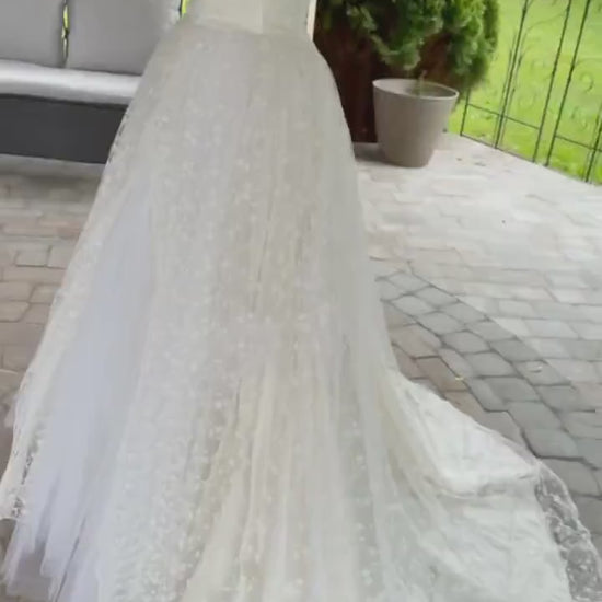 Vintage 1990s Lace Wedding Dress | Romantic Princess Bridal Gown | Basque Waist | Illusion Lace Sleeves | Chapel Train