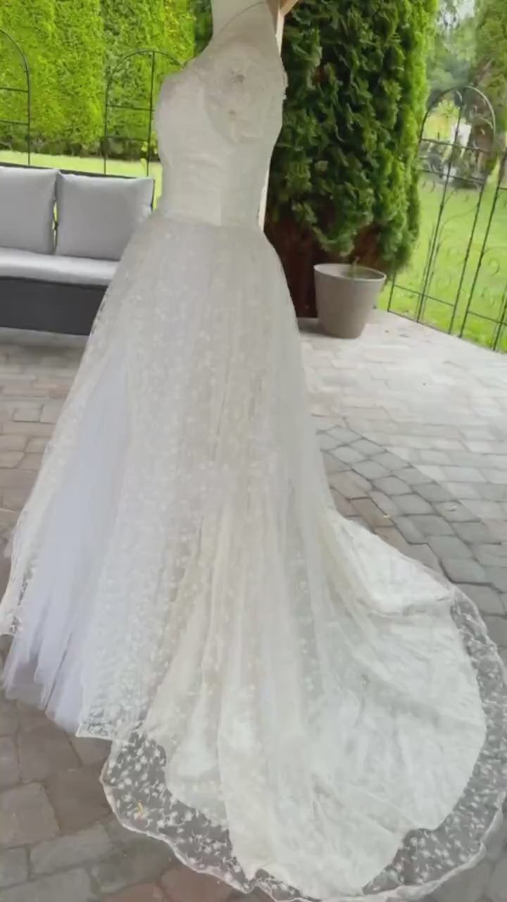 Vintage 1990s Lace Wedding Dress | Romantic Princess Bridal Gown | Basque Waist | Illusion Lace Sleeves | Chapel Train