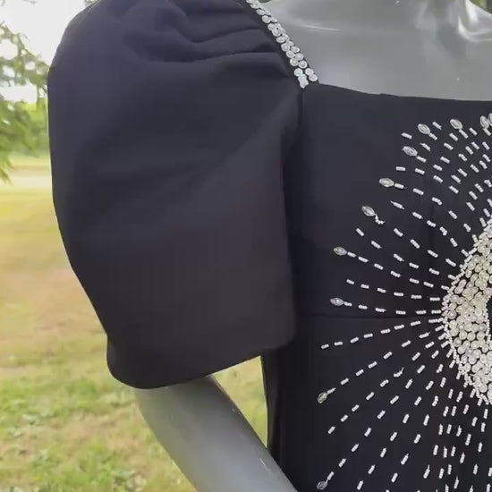 Vintage 1980s Black Puff Sleeve Gown with Beaded Sunburst