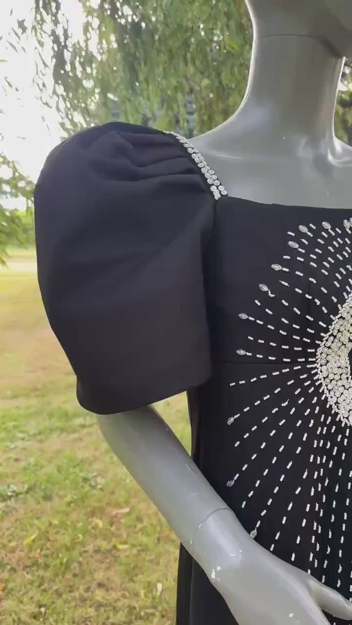 Vintage 1980s Black Puff Sleeve Gown with Beaded Sunburst