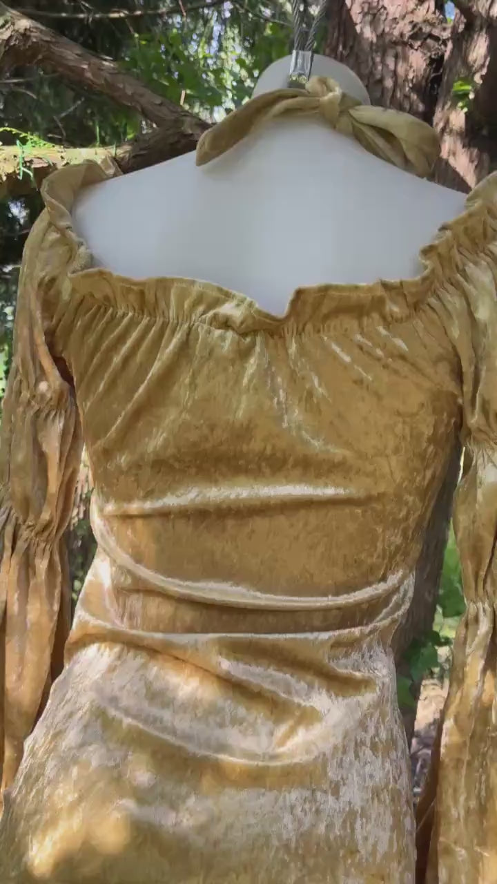 Golden Hour Enchantress Dress – Crushed Velvet Halter Mini-dress with Trumpet Sleeves