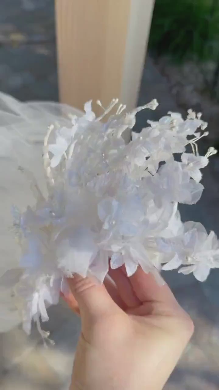 Glittered Flower Crown & Veil With Pearled Layered Veil