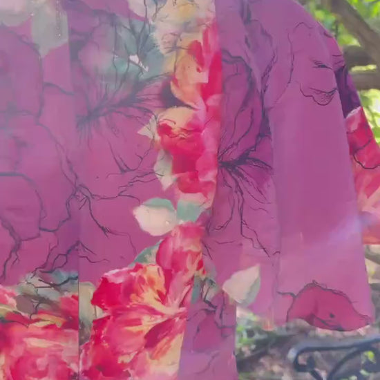 Pink Flower Garden in Silk, Midi Dress.