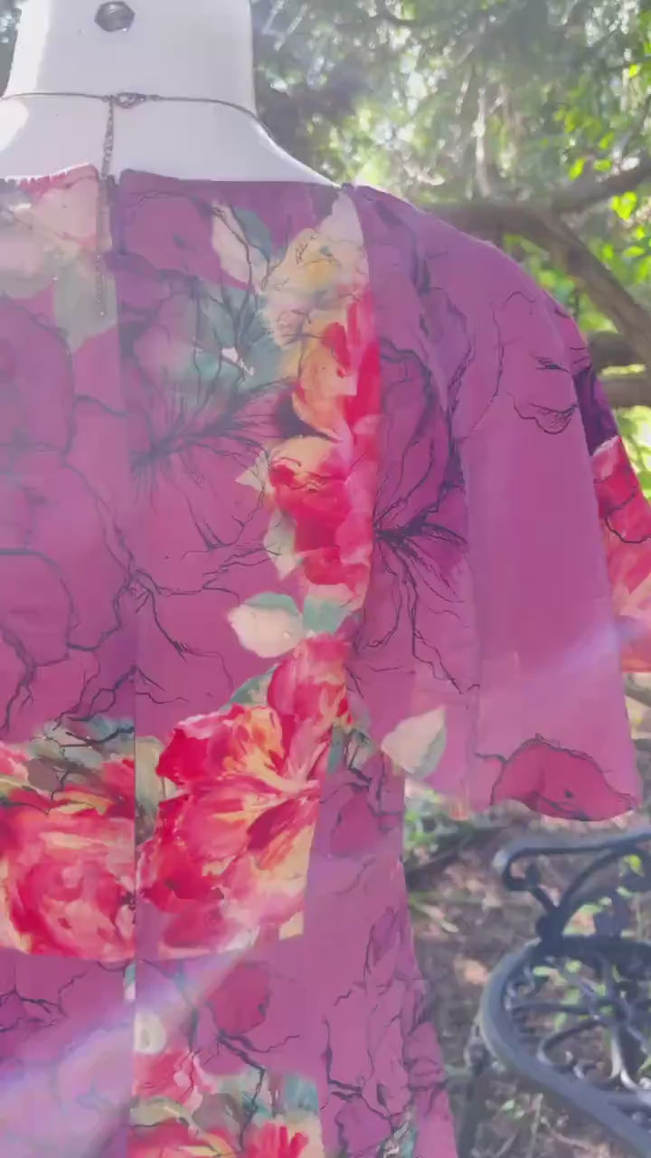 Pink Flower Garden in Silk, Midi Dress.