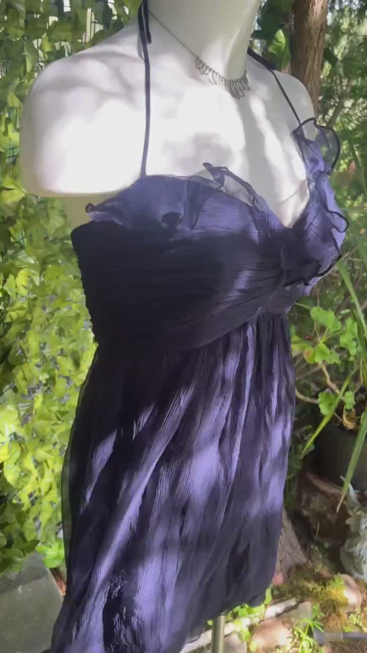 Silk Midnight Navy Ruffle Halter Dress • Sheer Layered Silk Mini Dress •