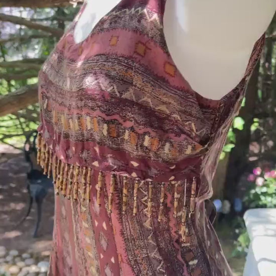 Boho Beaded Earthy Tribal Print with Tassel Trim
