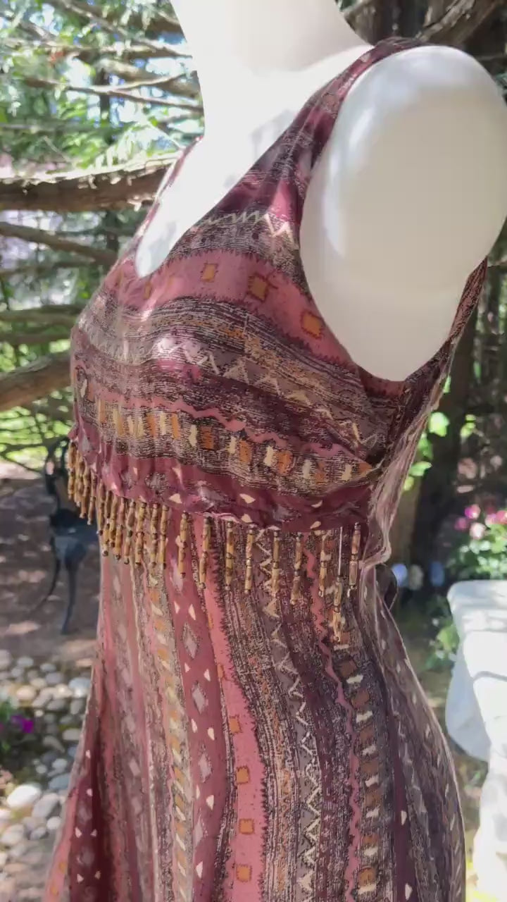 Boho Beaded Earthy Tribal Print with Tassel Trim