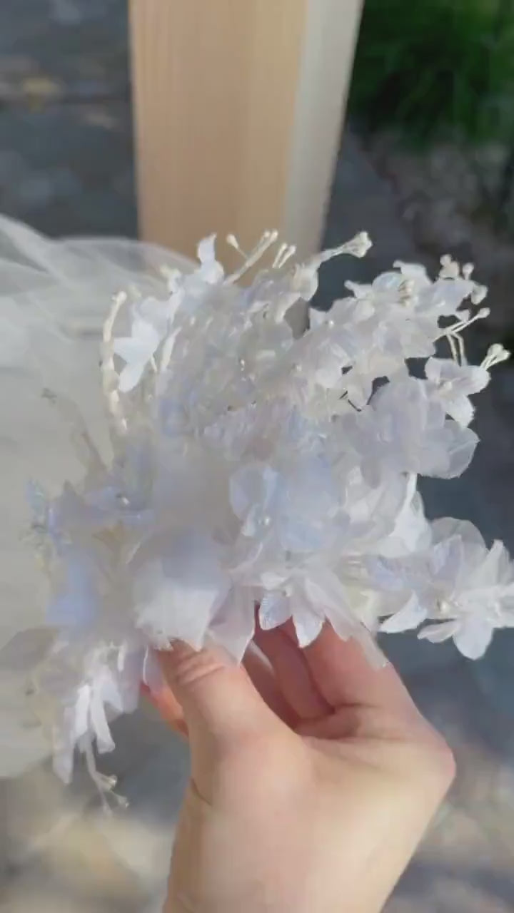 Glittered Flower Crown & Veil With Pearled Layered Veil