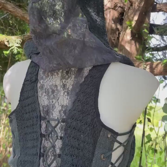 Dark Ash Blue Lace-Up Cropped Vest with Hood – Handmade Crochet & Lace Faerywear