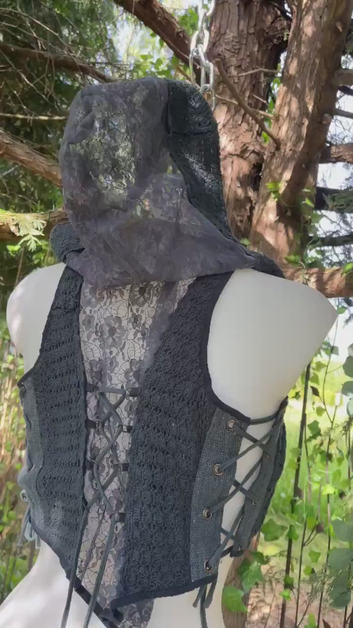 Dark Ash Blue Lace-Up Cropped Vest with Hood – Handmade Crochet & Lace Faerywear