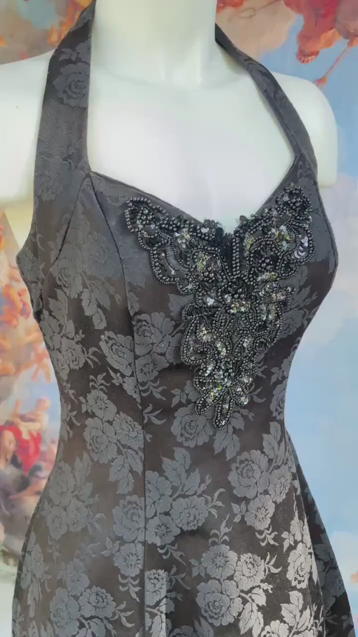 Black Gothic Cocktail Jacquard Halter Dress