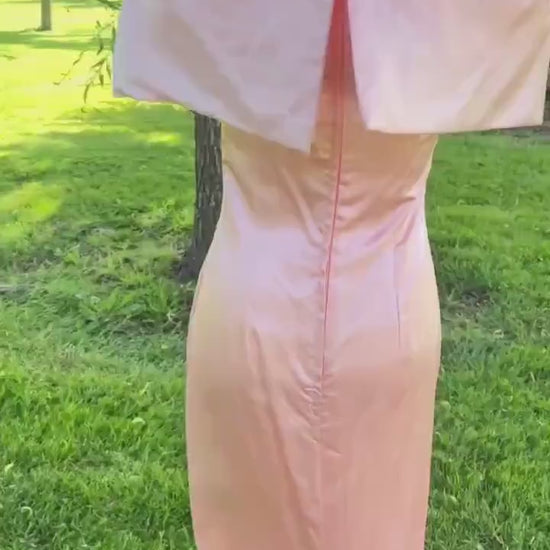 Peach Satin Off Shoulder Evening Dress with Pearl Detailing