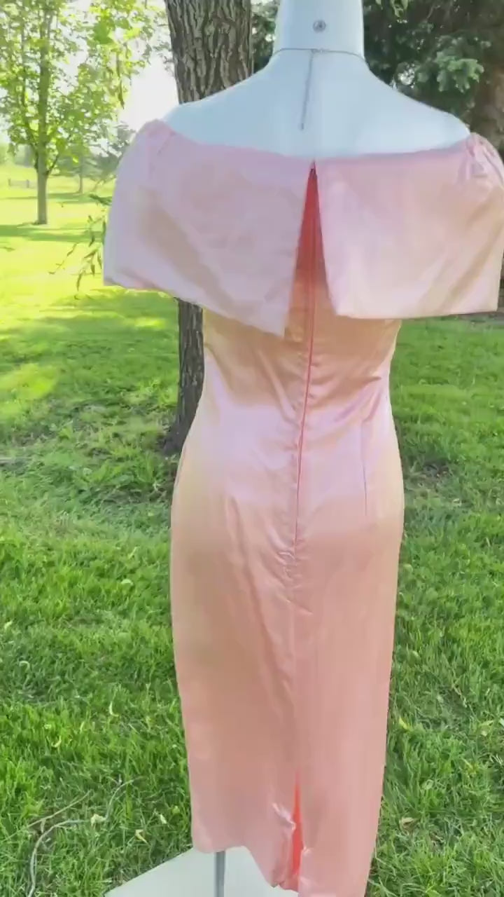 Peach Satin Off Shoulder Evening Dress with Pearl Detailing