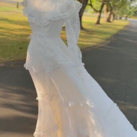 Victorian Edwardian Bridal Gown | High Neck Long Sleeve Wedding Dress | Tiered Lace Prairie Bride Vintage Lace Wedding Dress
