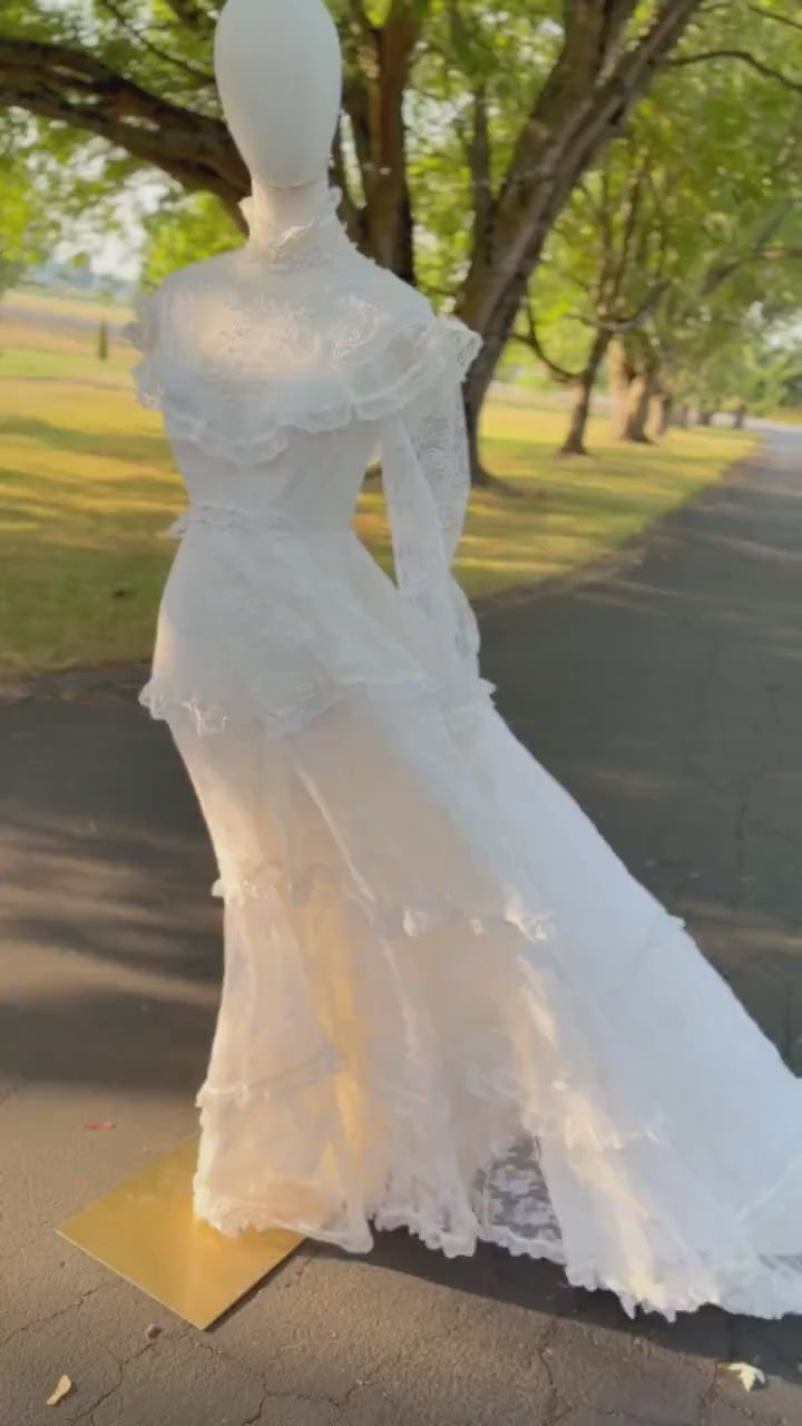 Victorian Edwardian Bridal Gown | High Neck Long Sleeve Wedding Dress | Tiered Lace Prairie Bride Vintage Lace Wedding Dress